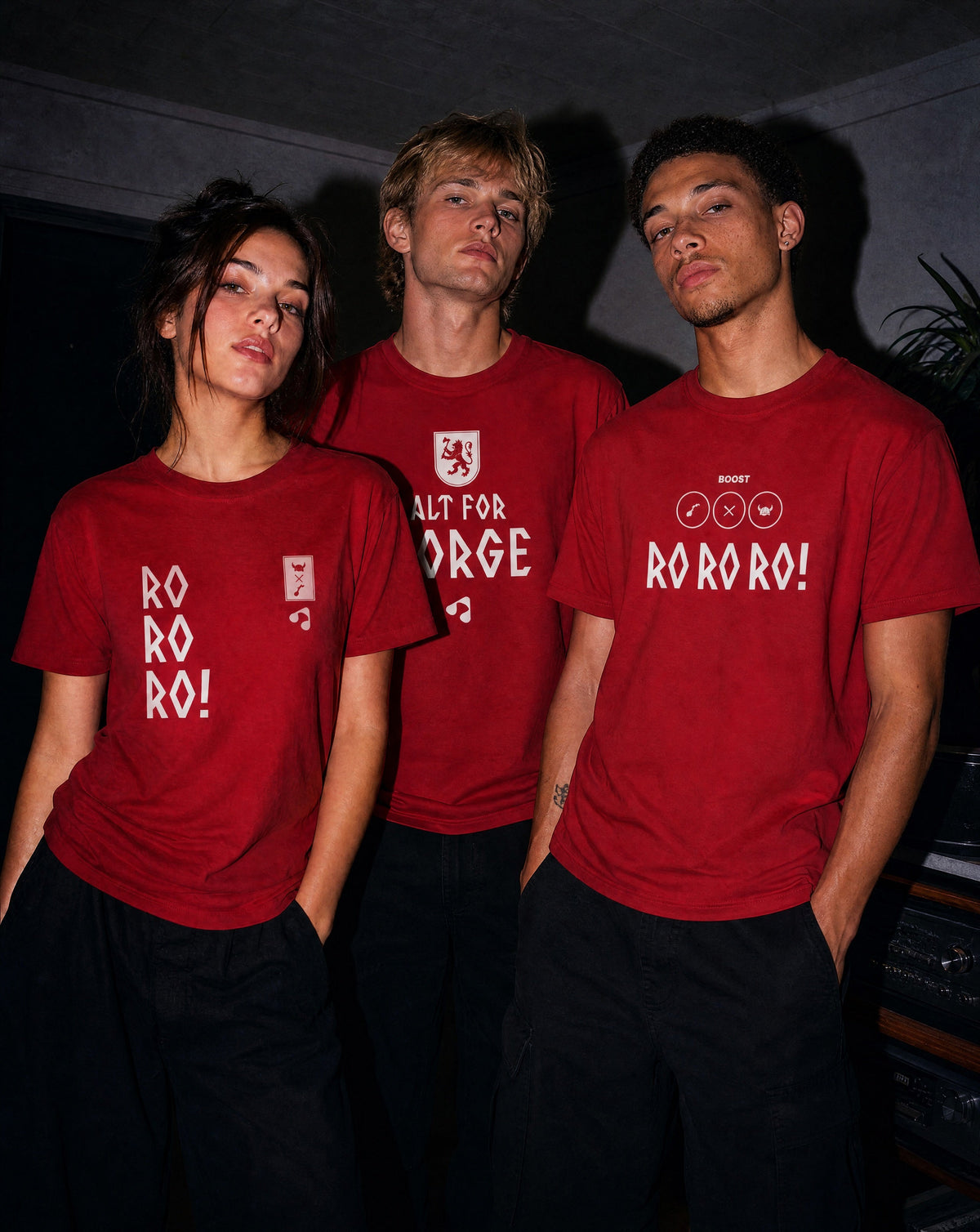 Three models wearing red ALT FOR NORGE T-shirts by Boost Sportswear with Norwegian supporter designs.