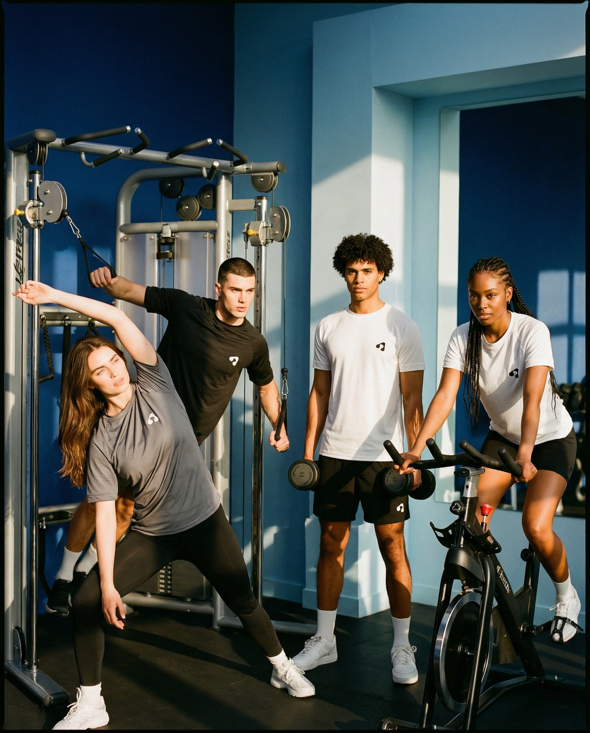 Men and women wearing Boost Sportswear training clothes while exercising with gym equipment and an indoor exercise bike.