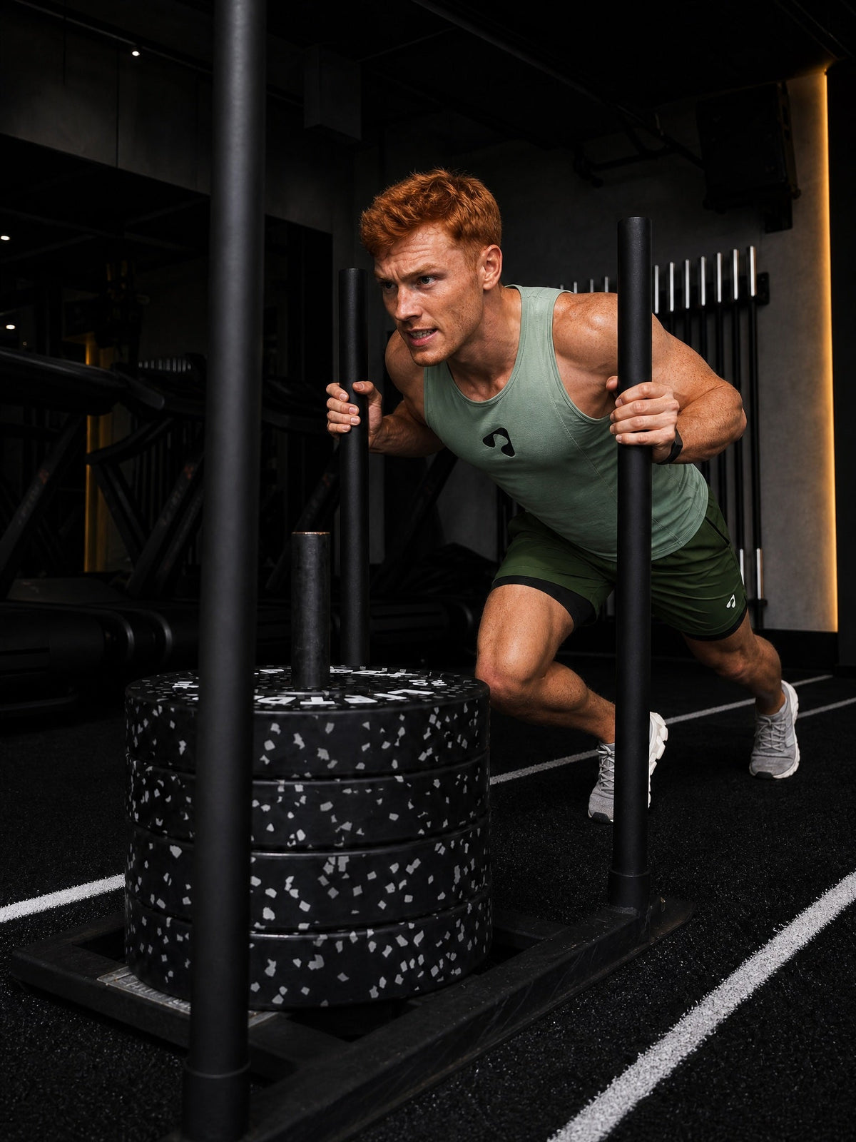 Man wearing green Boost Sportswear training shorts and tank top while pushing a weighted sled in the gym.