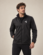 Man wearing black Boost HYDROX waterproof training jacket front view