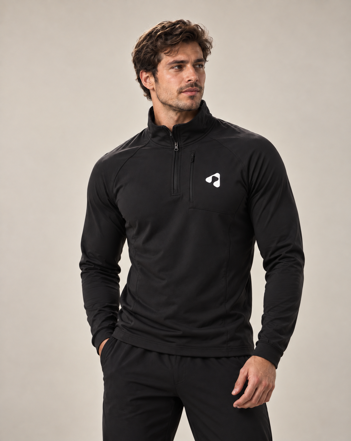 Men wearing black Boost quarter zip training top with chest zipper pocket
