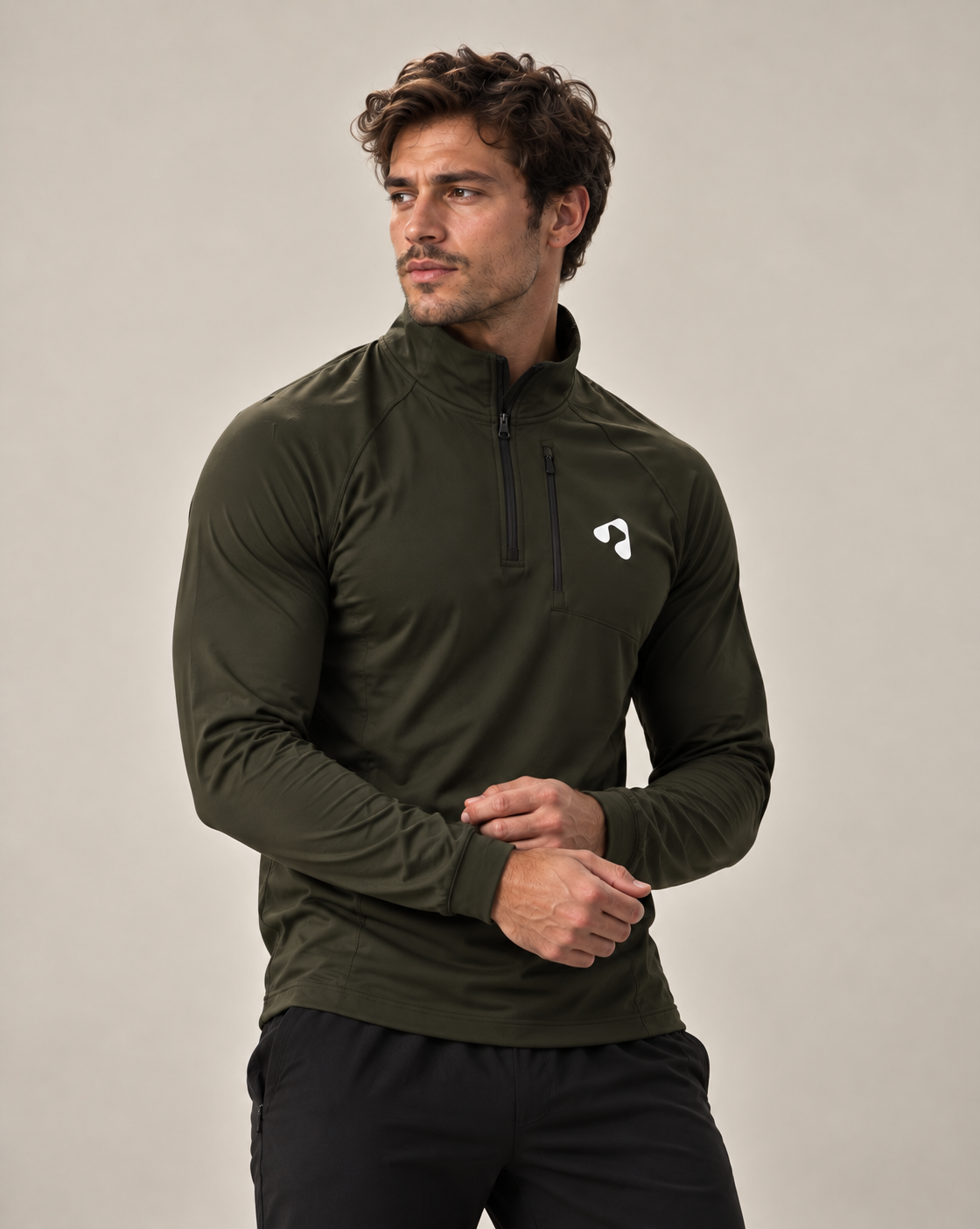 Men wearing dark green Boost quarter zip training top