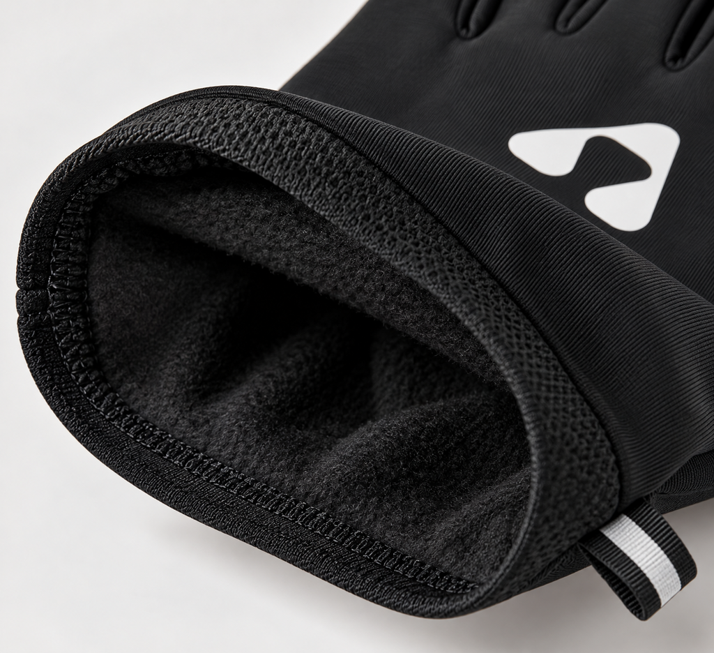 Close-up of soft fleece lining inside black Boost performance glove