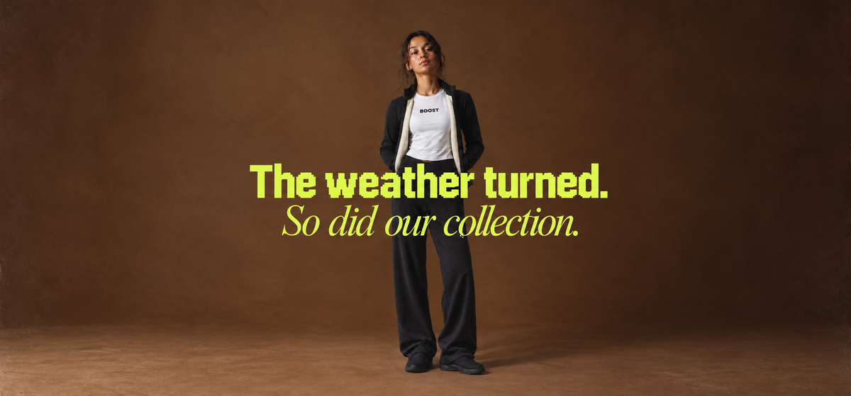 Boost Sportswear autumn collection – women's black fleece jacket and wide-leg pants, The weather turned. So did our collection.