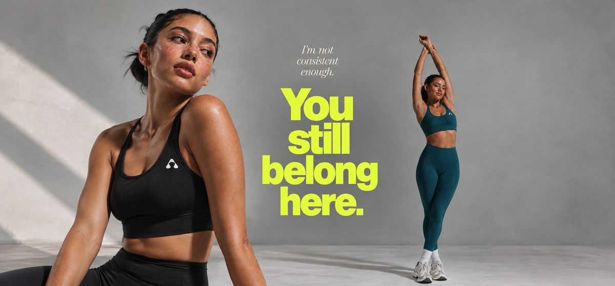 Boost Sportswear desktop campaign banner featuring women in black and teal training outfits with the message You still belong here.